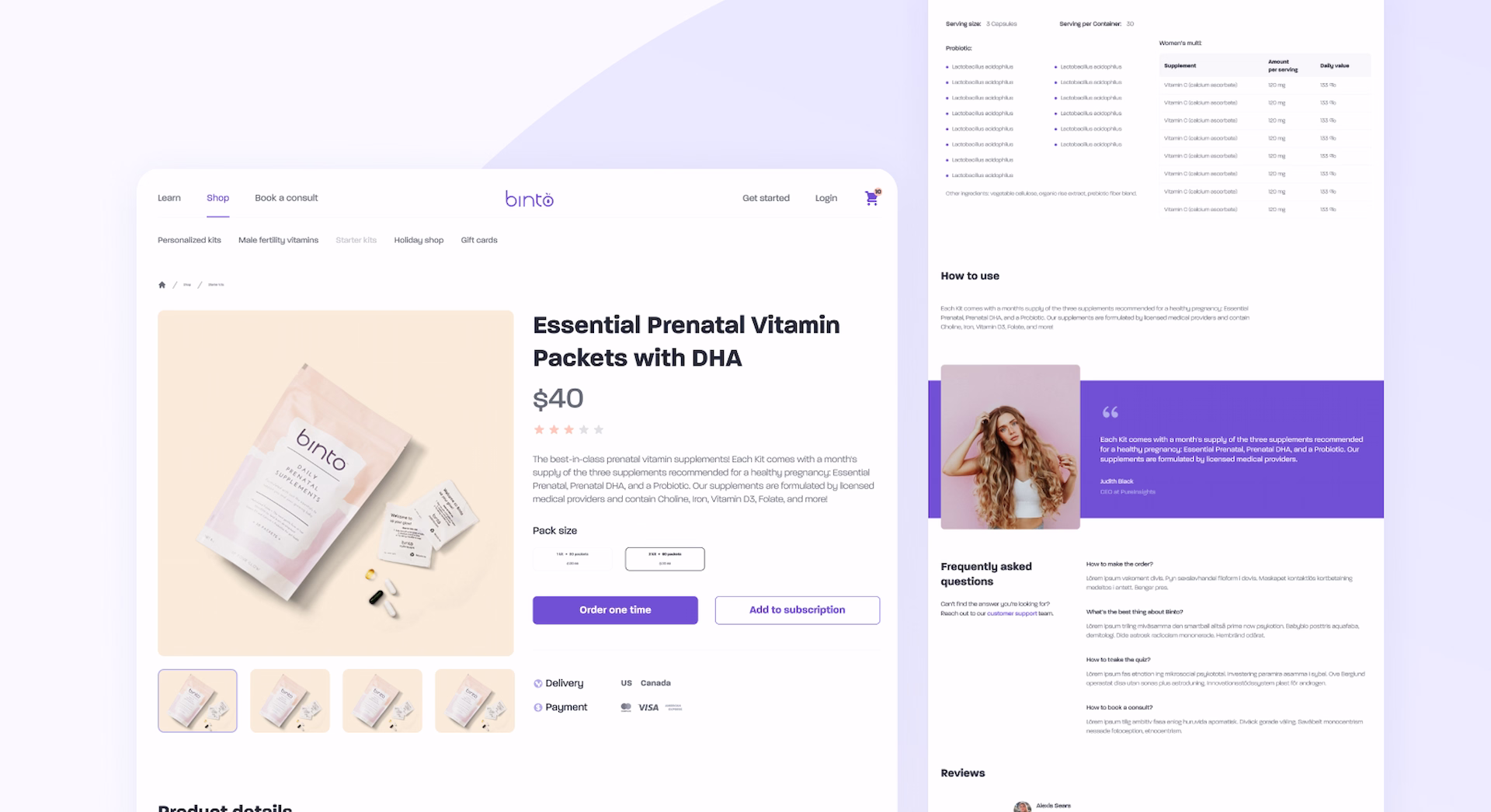 Optimized product detail page for Binto women’s health platform