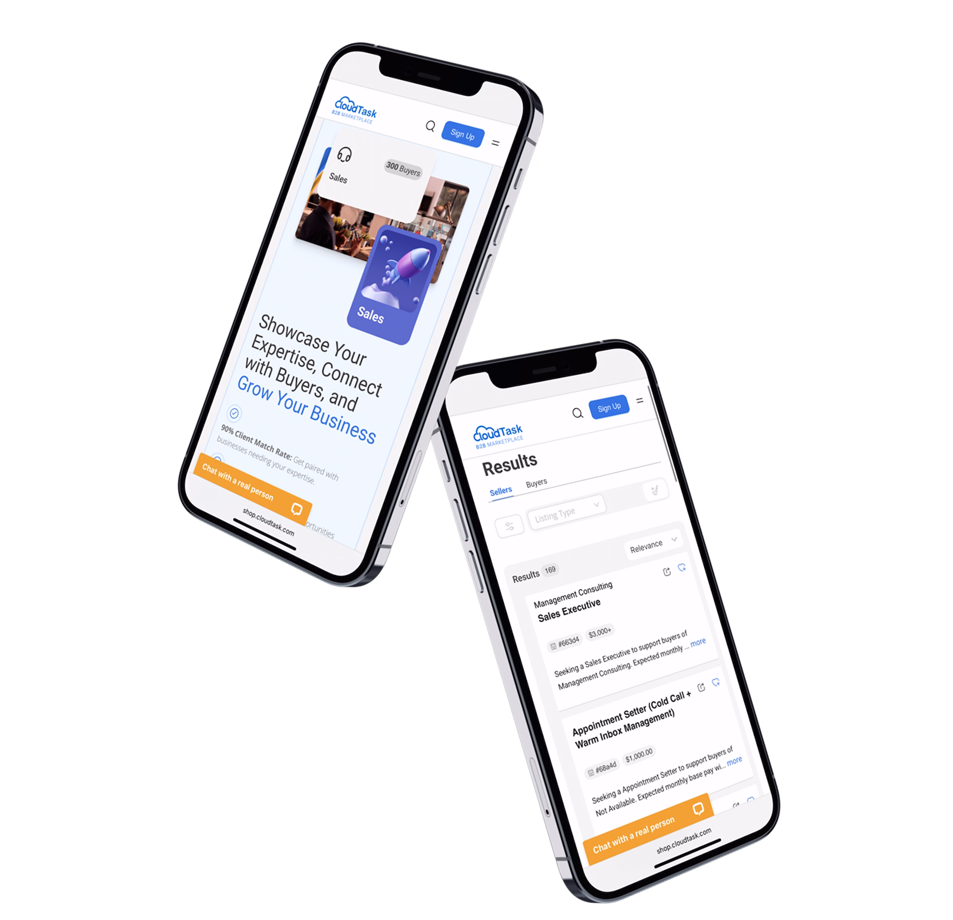 Mobile-responsive seller onboarding screens and candidate search results for a talent marketplace software