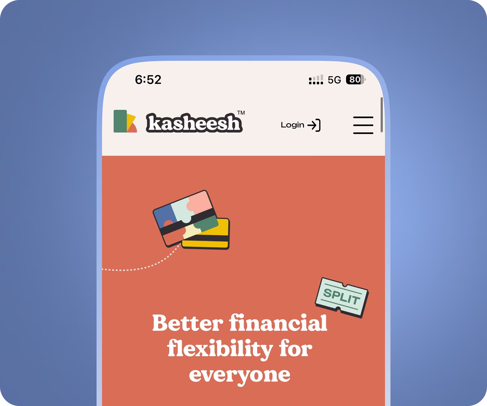 Kasheesh mobile application interface with an illustrative banner showing split-payment capability