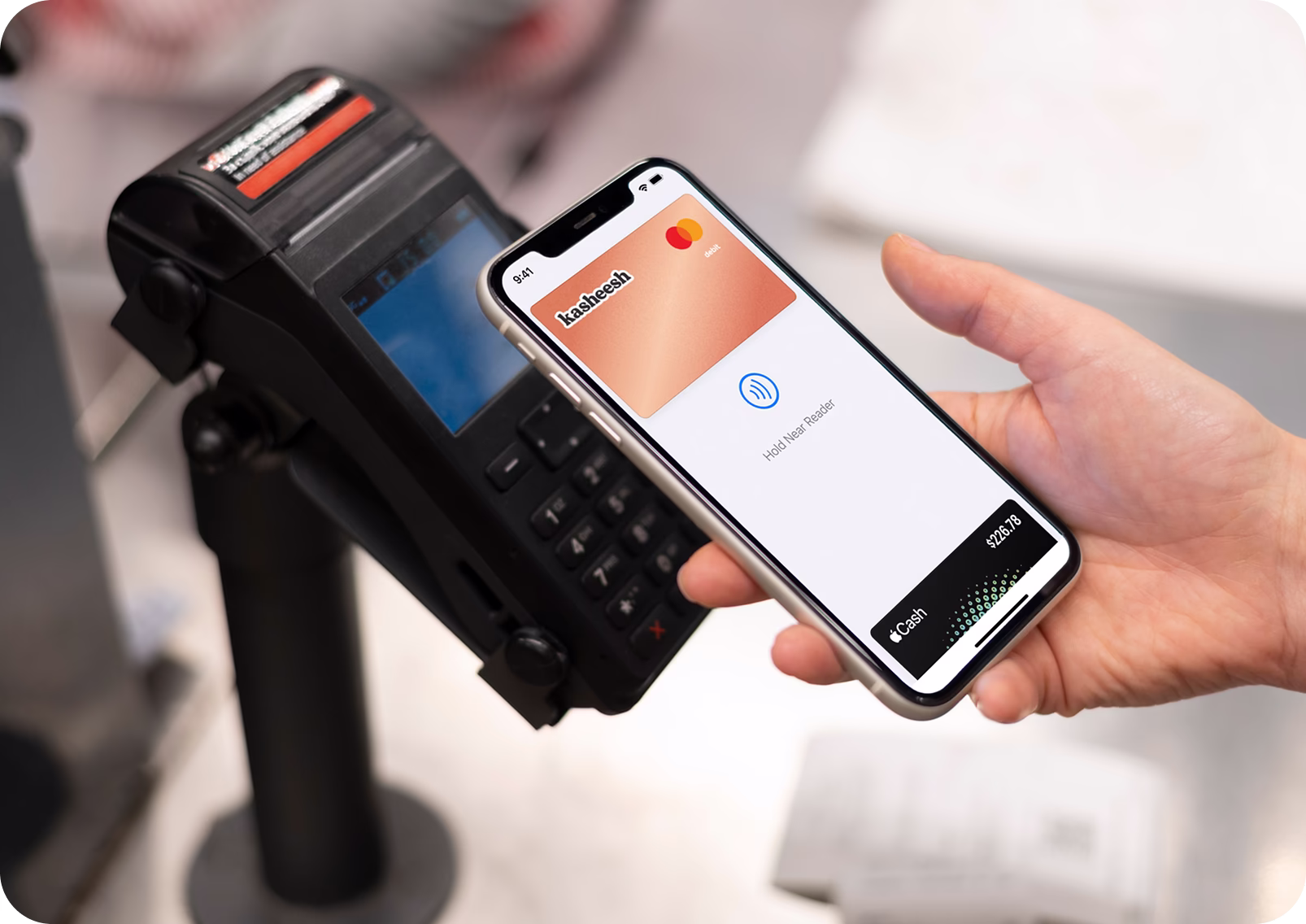 Digital wallet interface showing a contactless payment transaction at a point-of-sale terminal