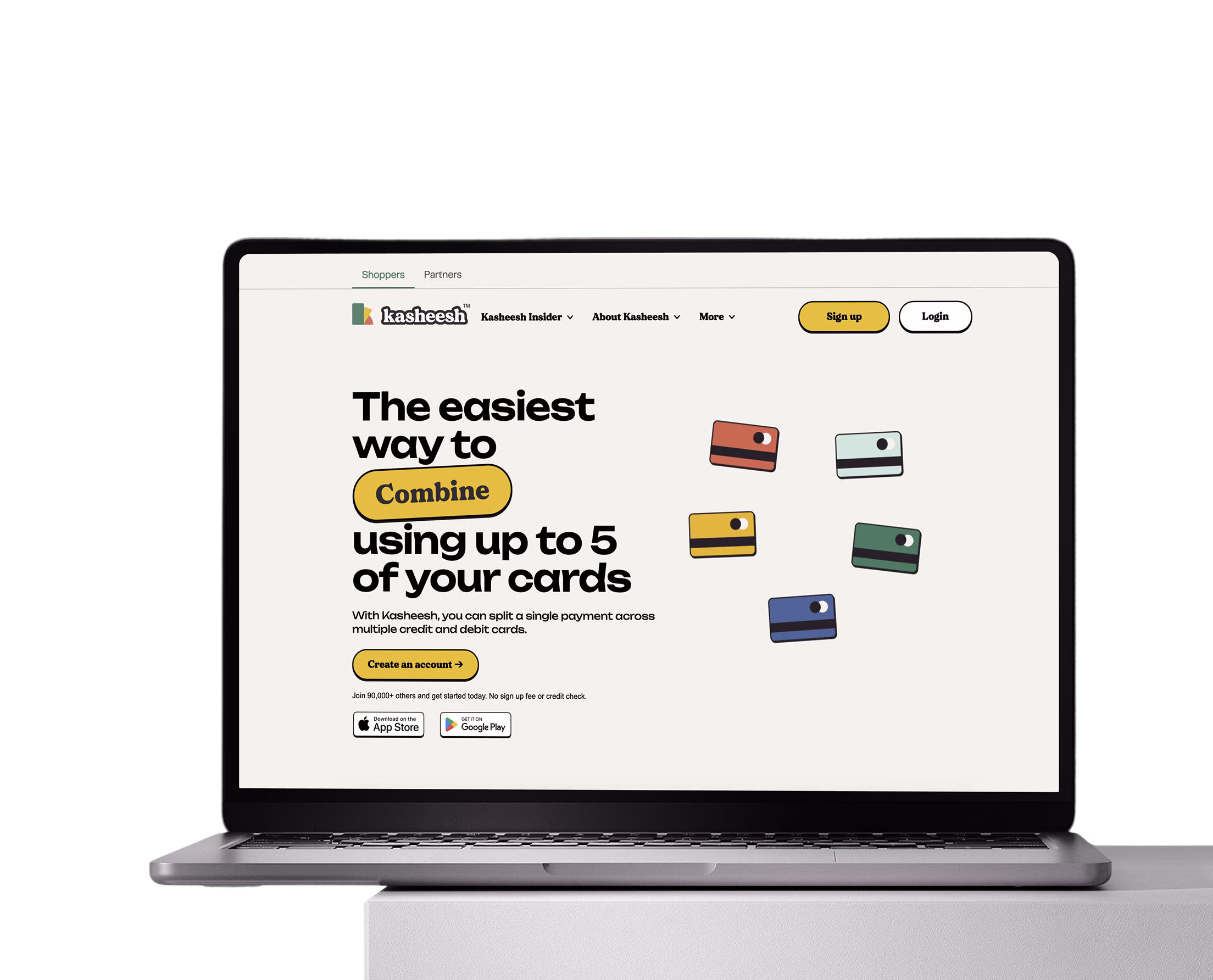 Web landing page for Kasheesh mobile app with a headline about combining up to five cards