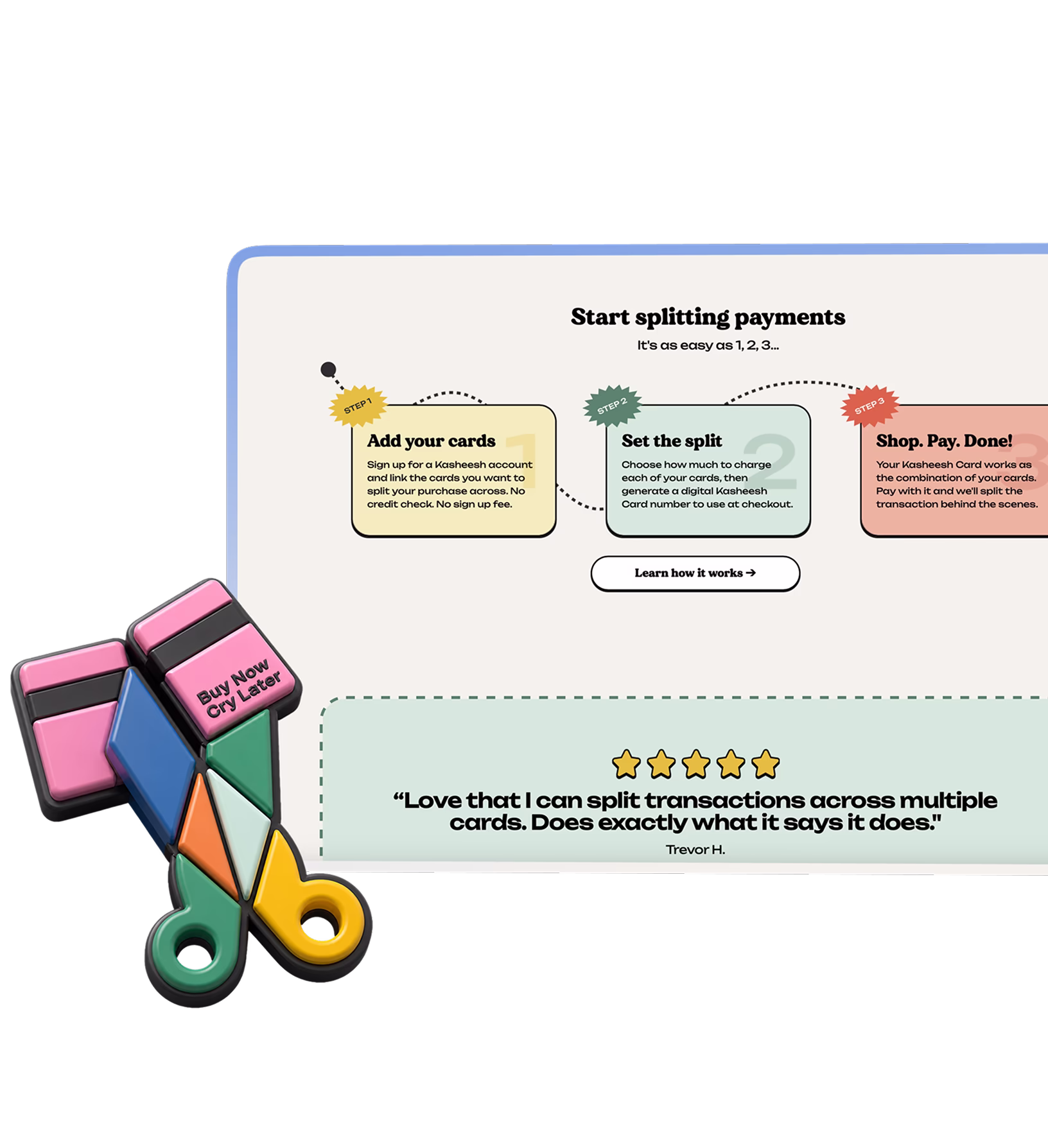 Three-step onboarding screens explaining payment splitting alongside a five-star customer testimonial block