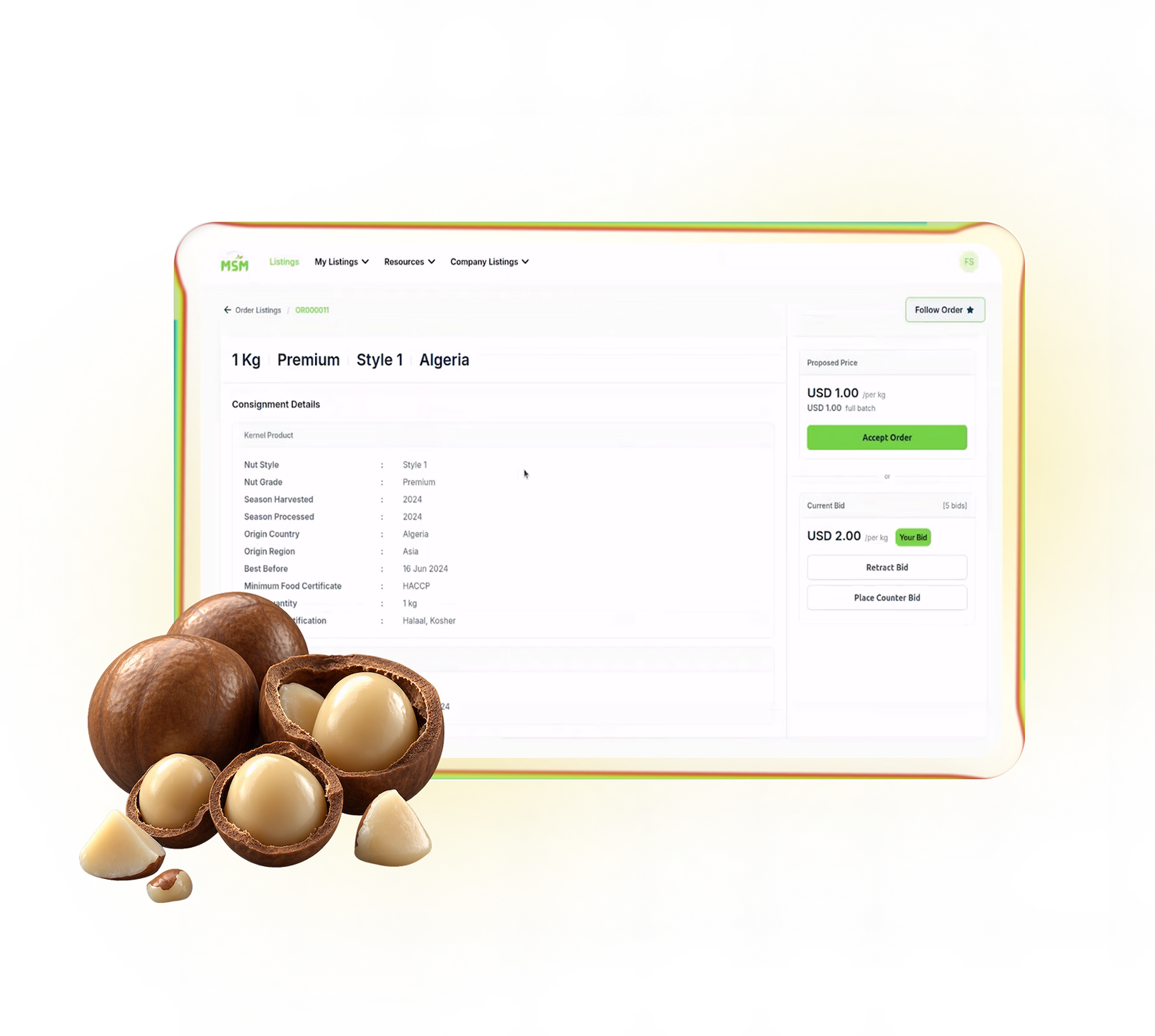 MSM marketplace B2B bidding interface detailing consignment specifications and order negotiation options