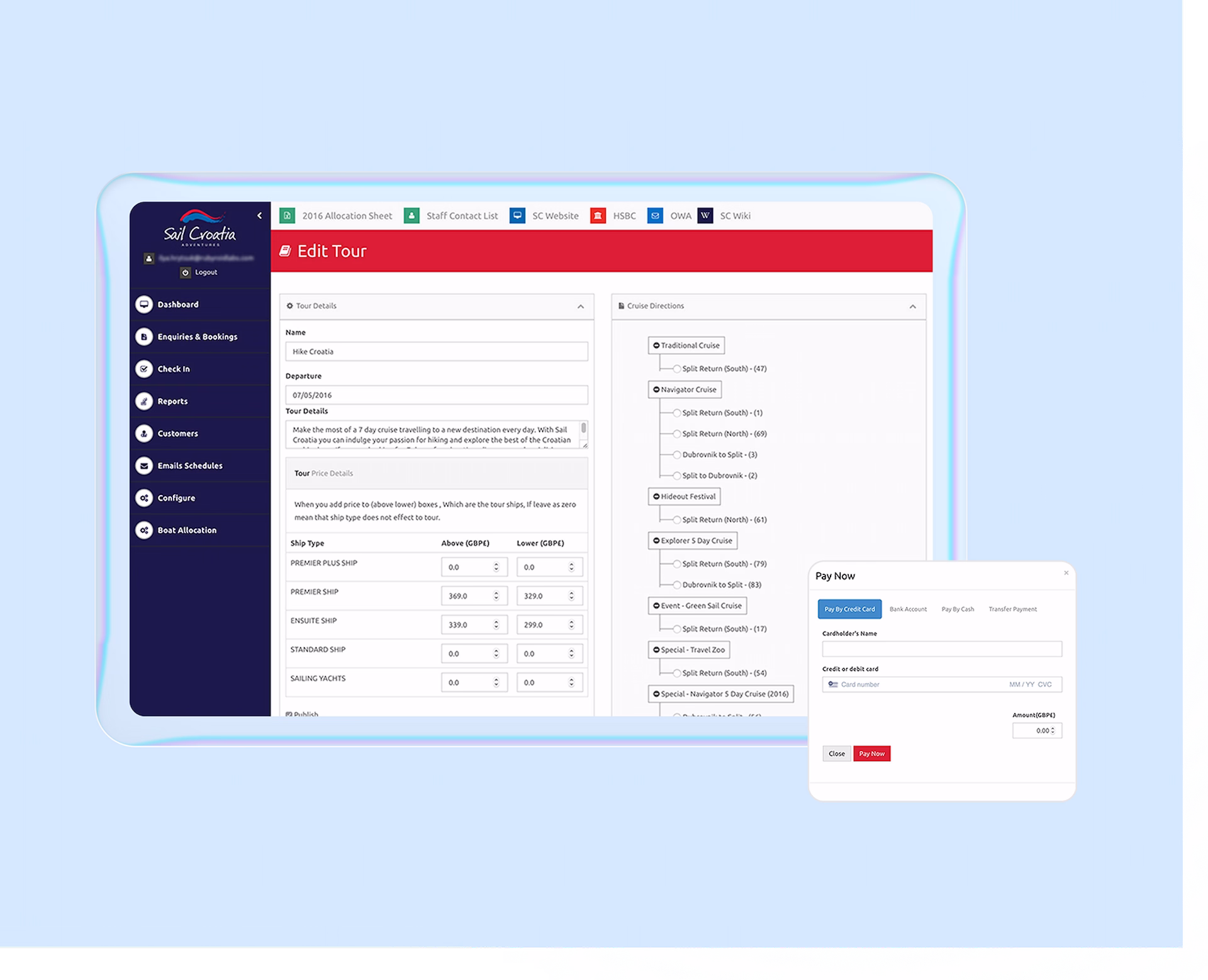 Administrative dashboard and checkout within a custom travel CRM