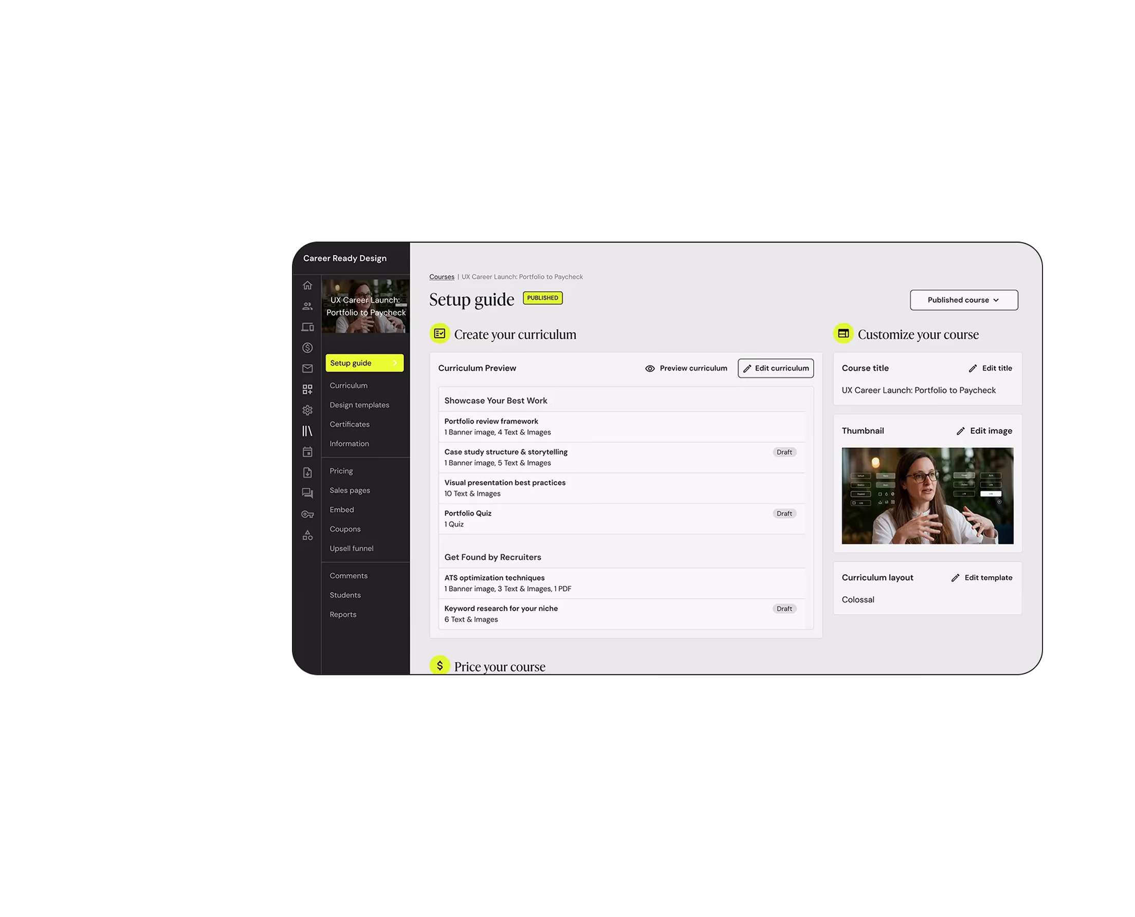 Teachable creator dashboard interface showing course setup and curriculum builder for a large-scale EdTech platform