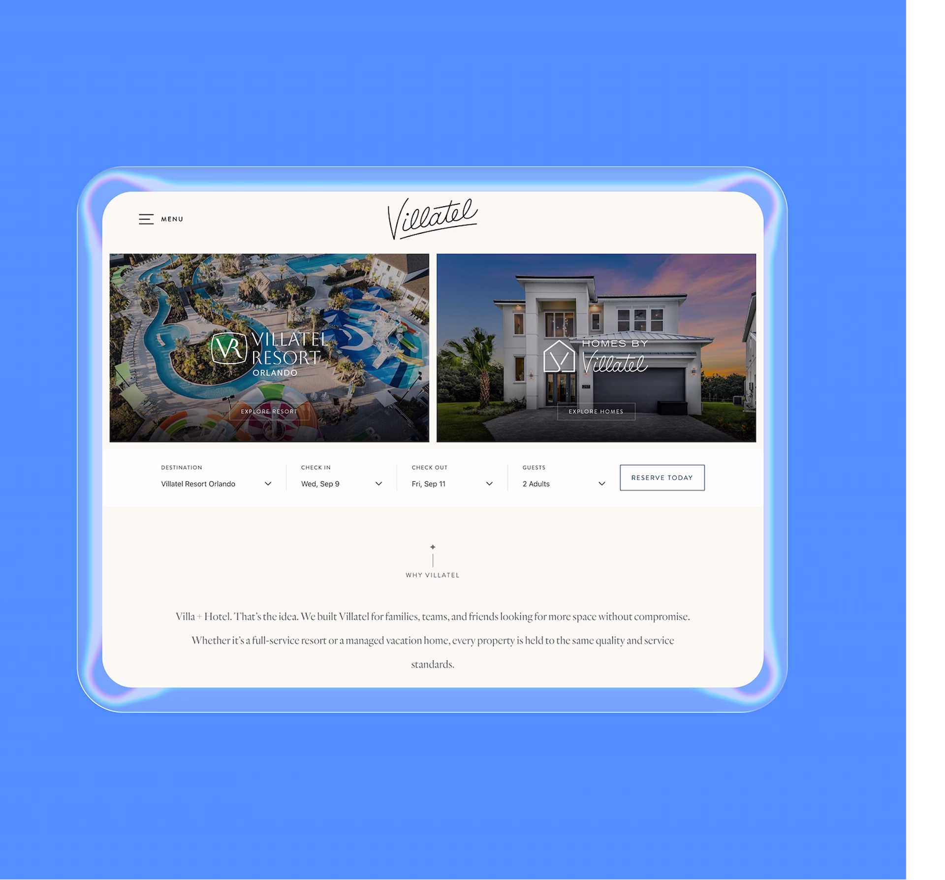 Reservation toolbar for a luxury hospitality brand, demonstrating unit category aggregation and a custom booking engine
