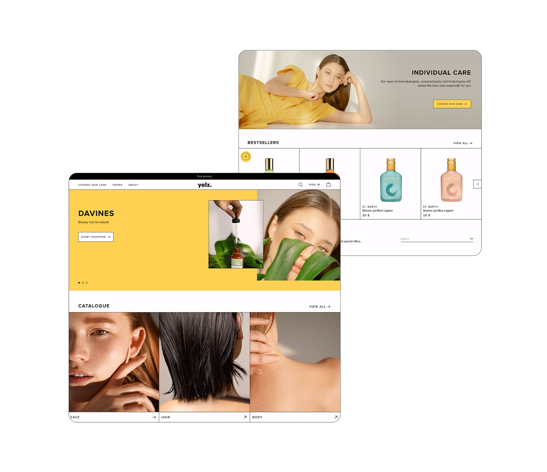 Desktop webpage layouts showcasing the homepage hero and category grid for a cosmetics e-commerce platform