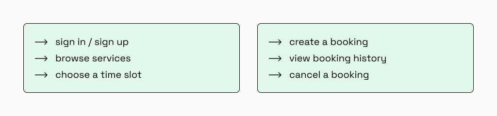 Core user journey for a booking app mobile MVP