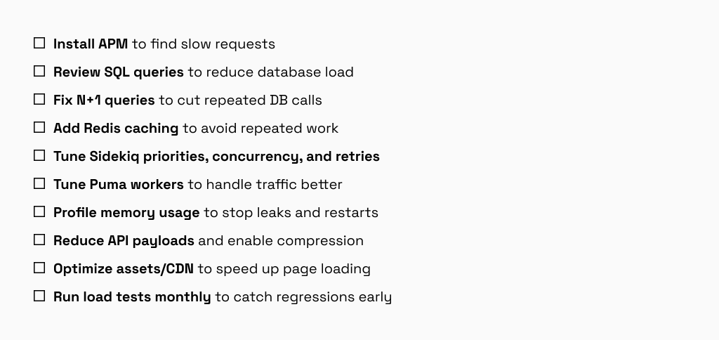 Rails performance checklist for database, caching, jobs, API, and frontend