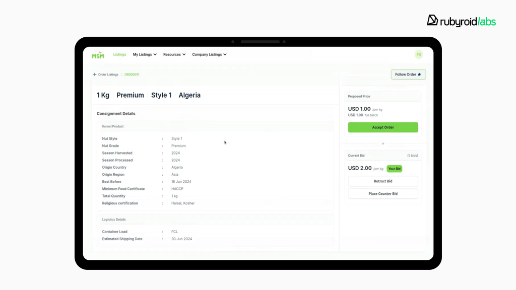 MSM marketplace B2B bidding interface detailing consignment specifications and order negotiation options
