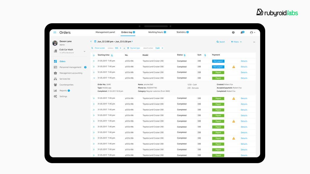 Car wash CRM dashboard with video surveillance and real-time bay schedules